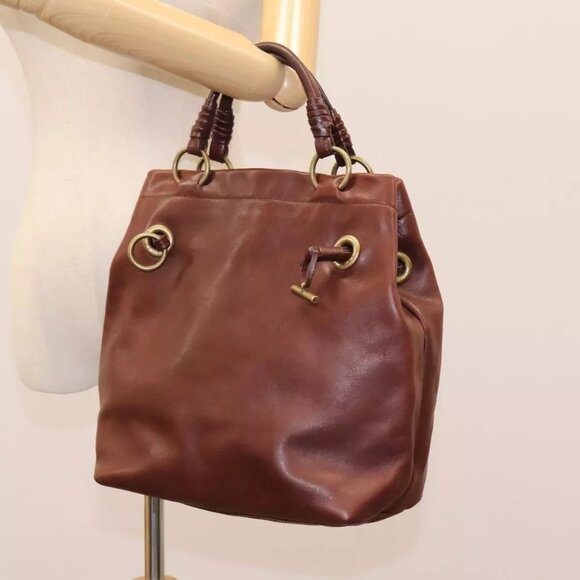 CELINE Hand Bag Leather Brown gold Auth - Picture 1 of 16